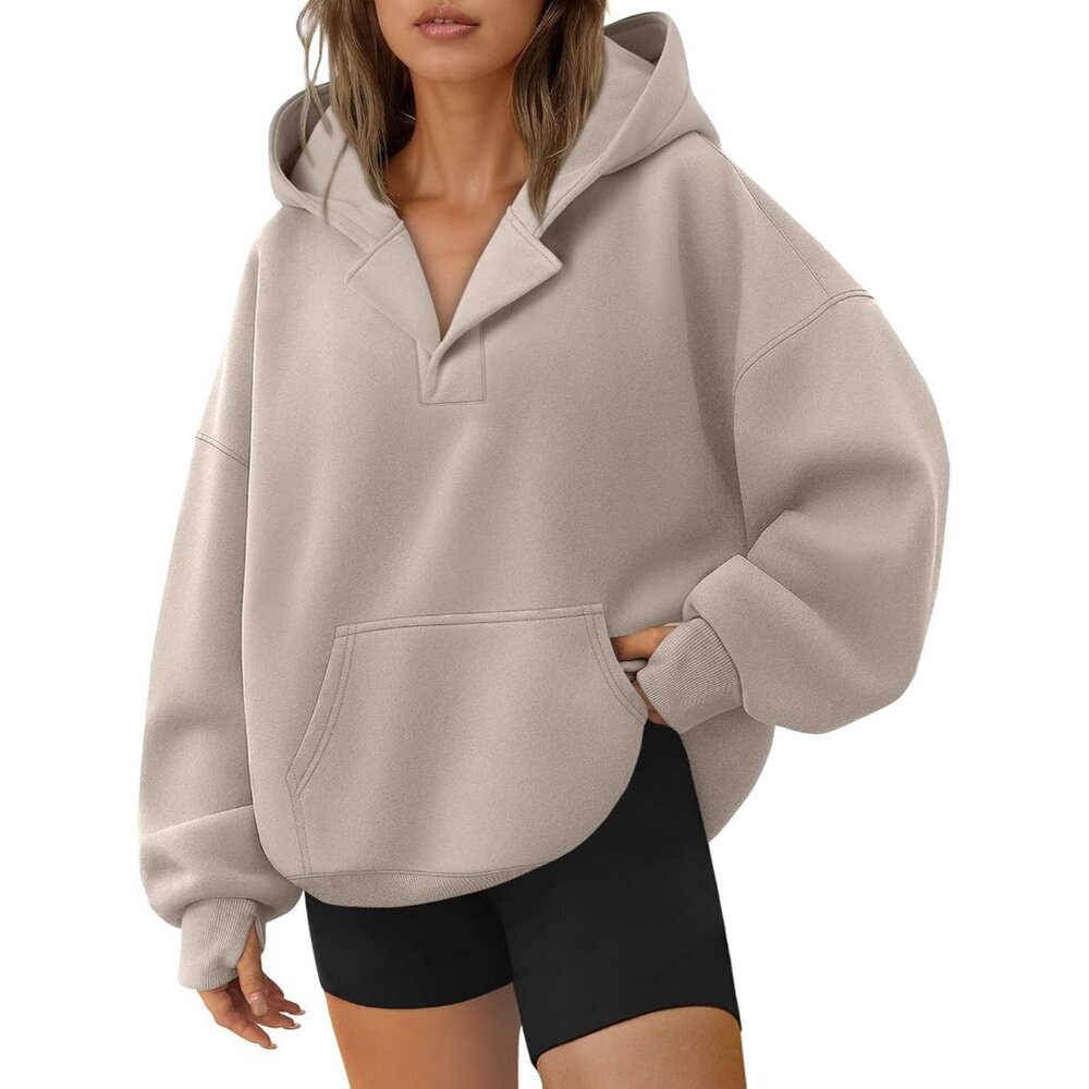Womens Oversized V Neck Hoodie Pullover Sweatshirt Fall Winter Casual